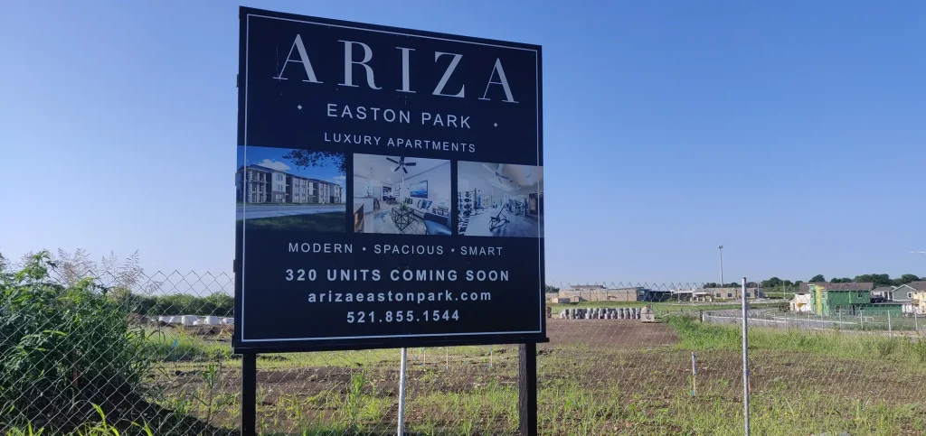 Ariza Easton Park construction sign on the corner of East William Cannon and Colton-Bluff Springs